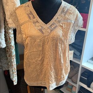 Lucky Brand Cream V-Neck Lace Trim Blouse